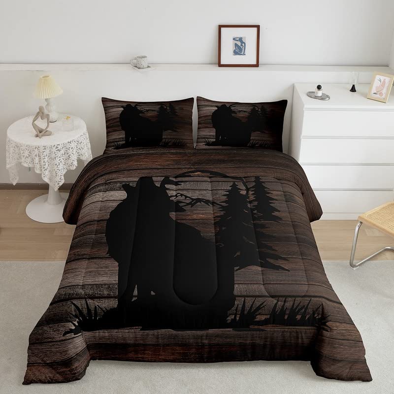 Cute Wolf Comforter Set for Girls Kids Wolves Howling Bedding Set Room DecorAnimal Wolves Tree Wood Grain Bedding Set Brown Blac