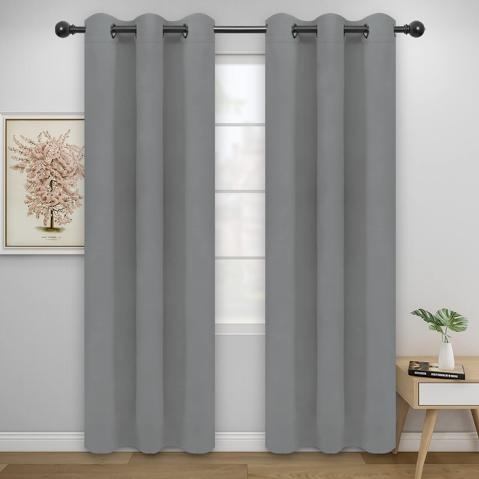 Easy-Going Blackout Curtains For Bedroom, Solid Thermal Insulated Grommet And Noise Reduction Window Drapes, Room Darkening Curtains For Living Room, 2 Panels(42X84 In, Light Gray)
