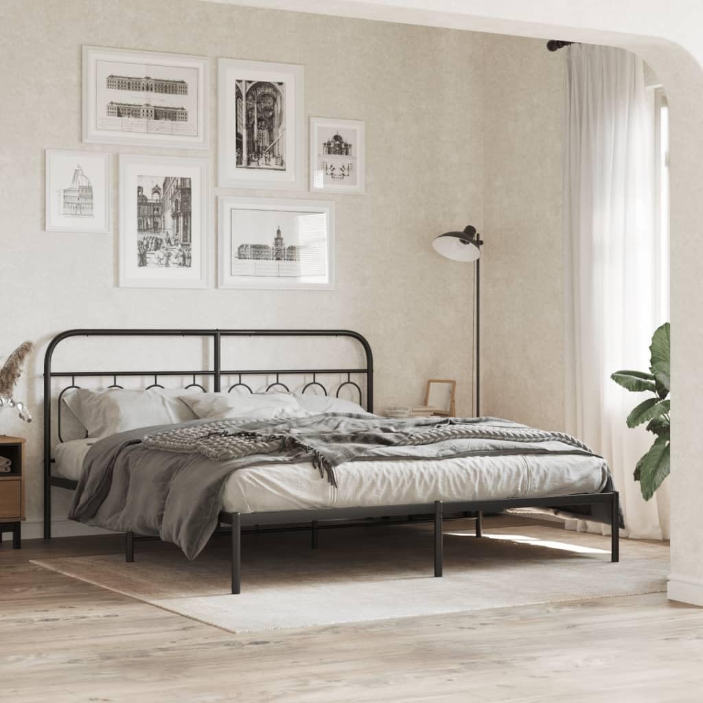 vidaXL Metal Bed Frame - King Size Black Double Bed with Headboard, Sturdy Steel, Extra Storage Space, 81.5"x78"x39.4"