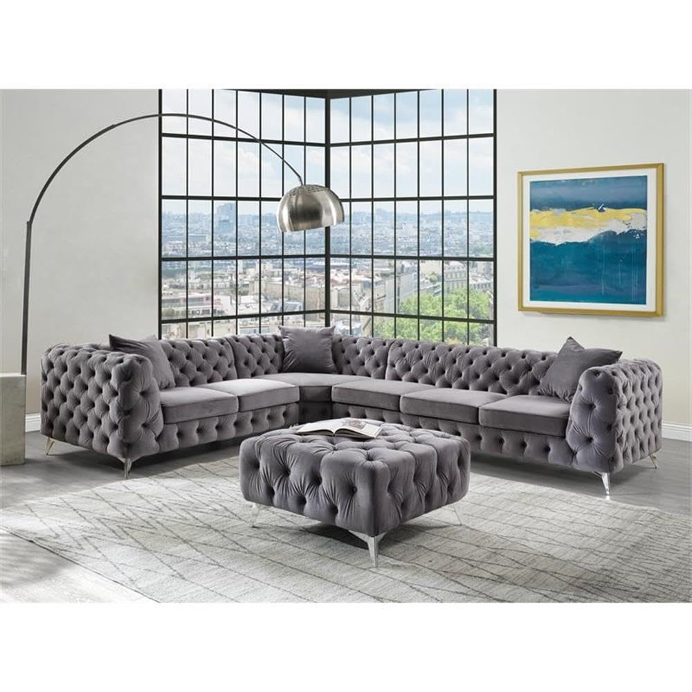 Acme Wugtyx Tufted Sectional Sofa with 3 Pillows in Dark Gray Velvet