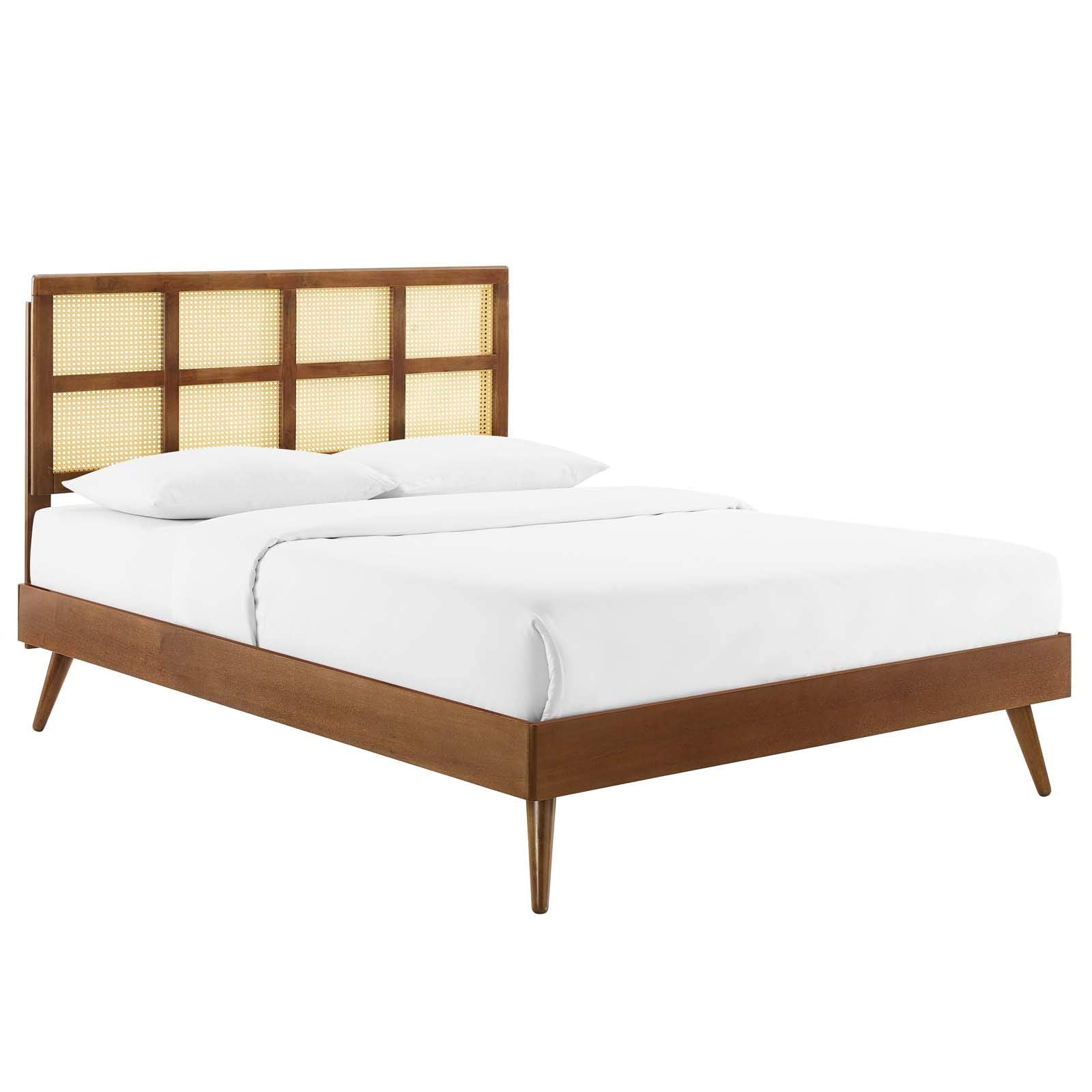 Modway Sidney Cane Rattan And Wood Full Platform Bed In Walnut With Splayed Legs