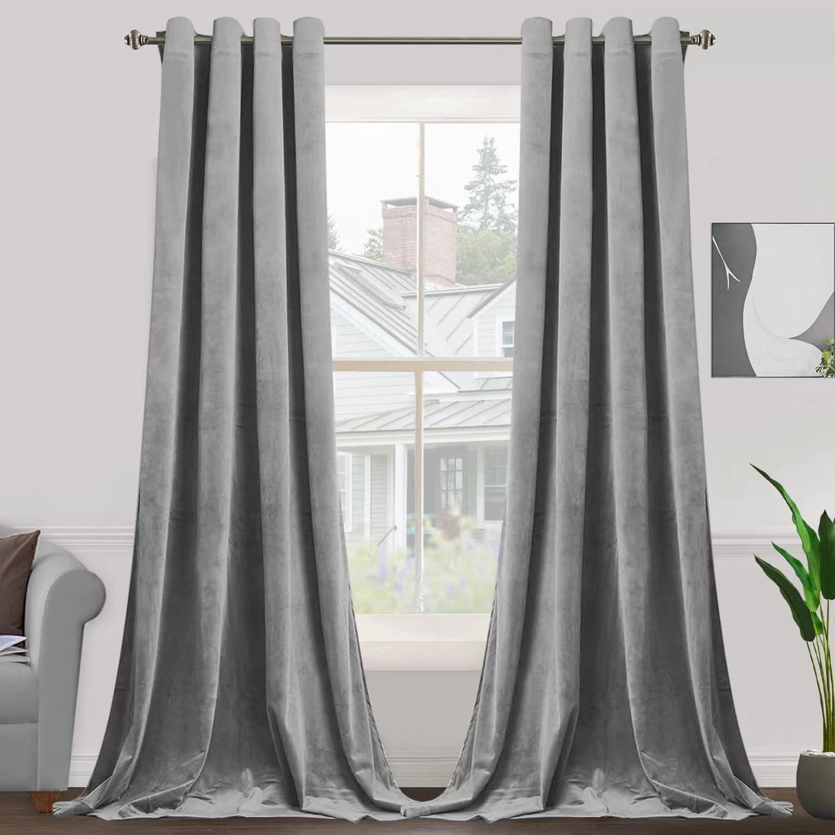SMILETIME Grey 120 in Long Velvet Curtains with Grommet, Thermal Insulated Super Soft Privacy Noise Reducing Light Blocking Velv