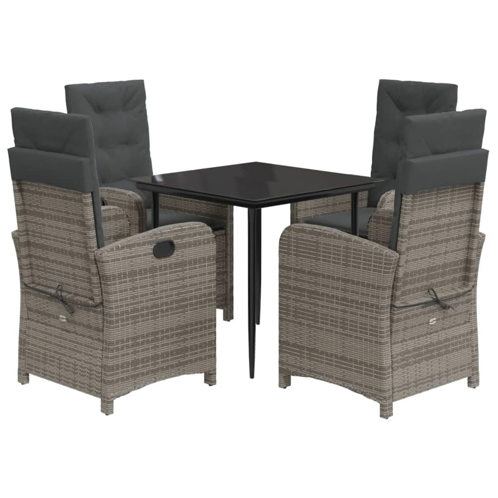 vidaXL 5 Piece Patio Dining Set with Cushions - Gray Poly Rattan Outdoor Furniture, Reclining Chairs, Adjustable Backrest, Tempe