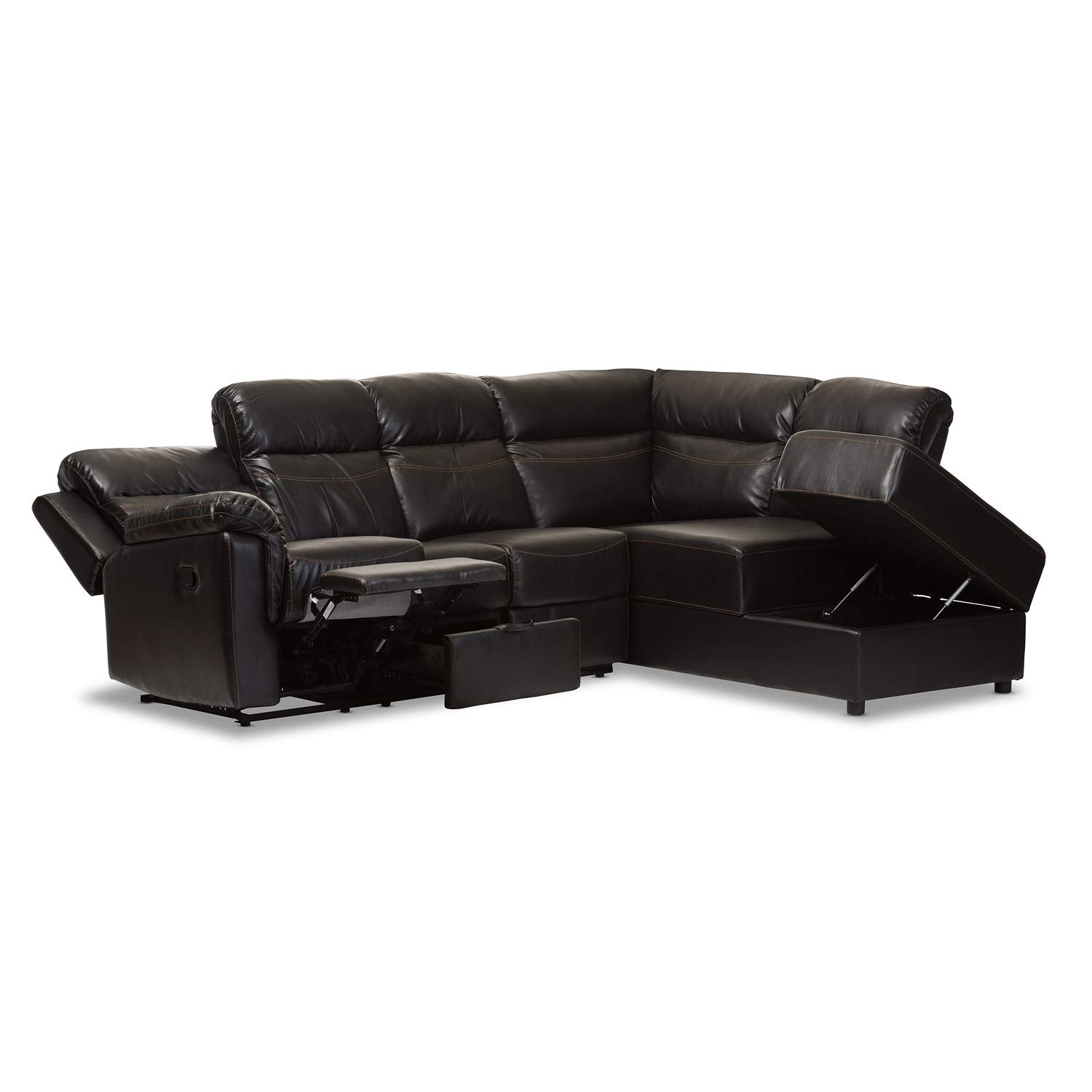 Baxton Studio Roland Modern and Contemporary Black Faux Leather 2-Piece Sectional with Recliner and Storage Chaise