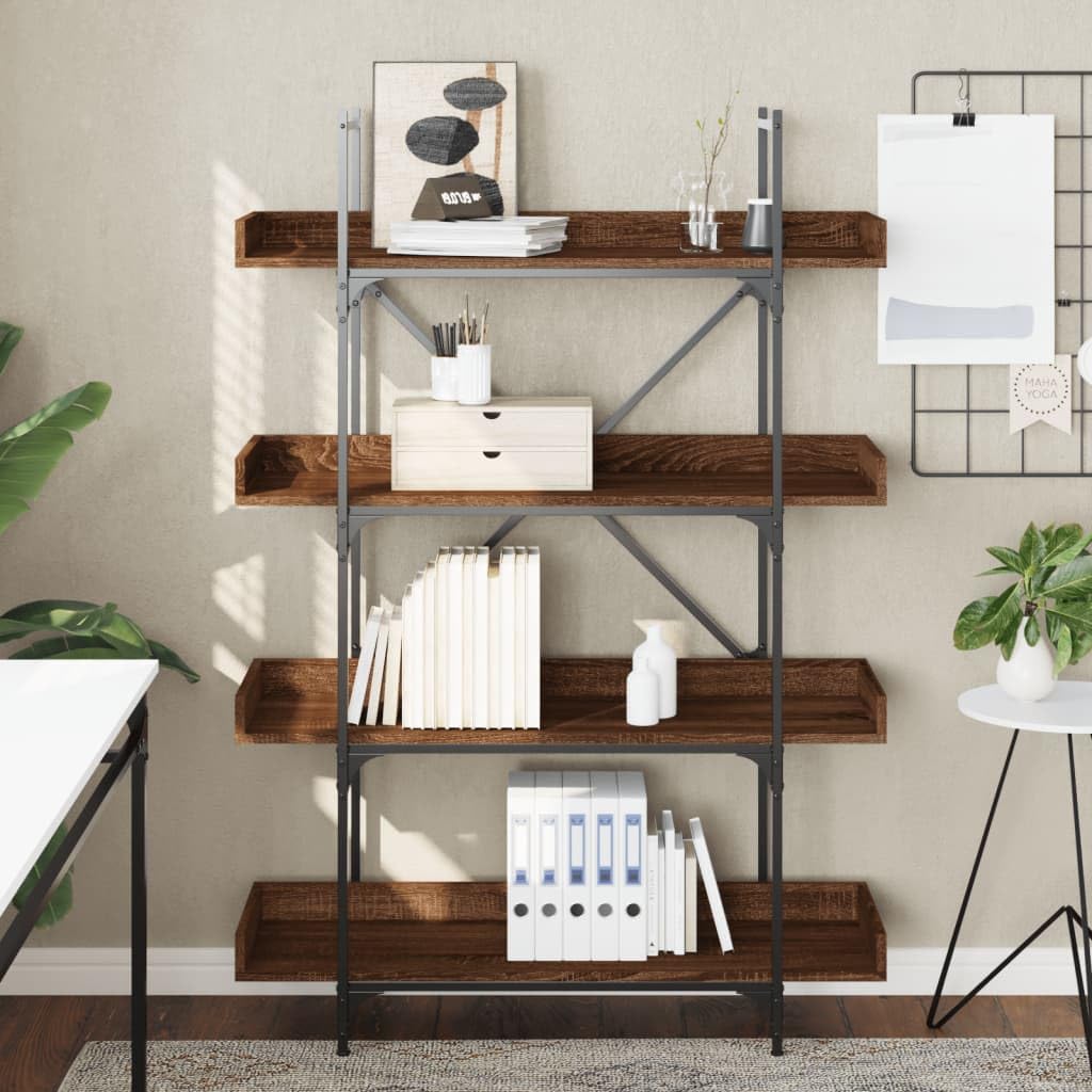 vidaXL 4-Tier Brown Oak Bookcase - Engineered Wood and Metal Frame, Industrial Style, Ample Storage Space for Books and Decor