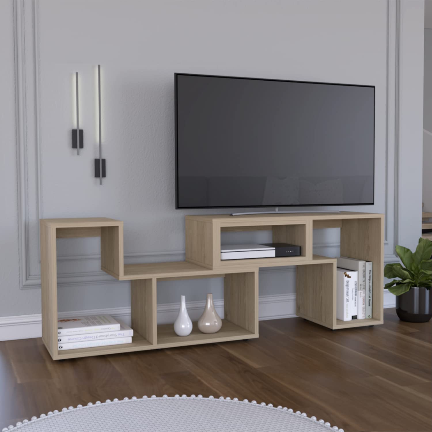 Rose Extendable TV Stand with Customizatable Shelves, Light Pine