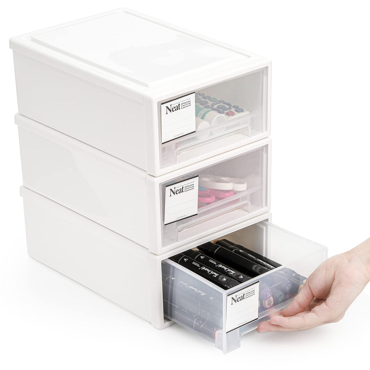 ZENFUN 3 Pack Plastic Stackable DrawerStorage Drawers Bins, Small Drawertype Desk Organizer Boxes, Translucent Small Chest of D
