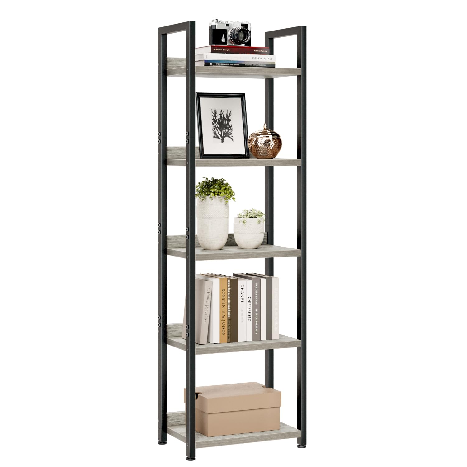 Numenn Narrow Bookshelf, 5 Tier Bookshelves, Home Office Bookcase Shelf Storage Organizer, Free Standing Storage Shelving Unit For Bedroom, Living Room And Home Office, Grey