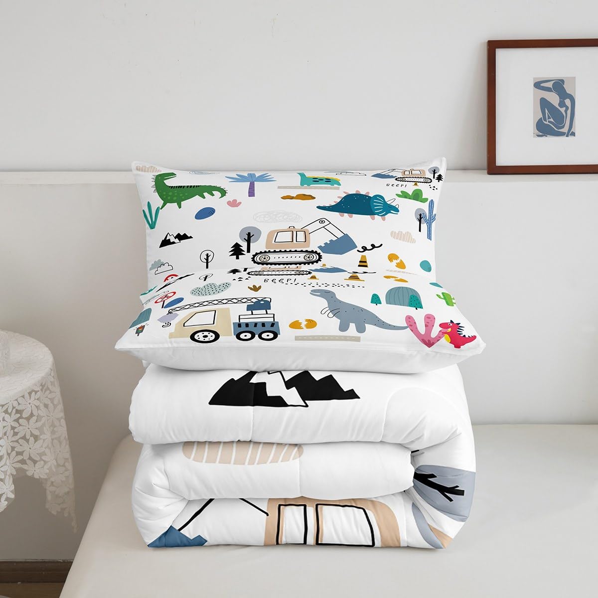 Erosebridal Construction Comforter Set Twin, Cute Dino Excavator Bedding For Kids Boys Girls, Cartoon Car Trucks Crane Equipment