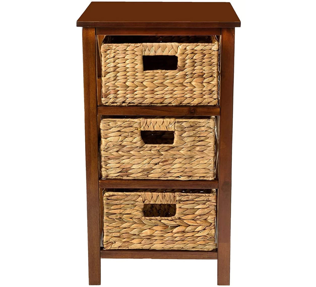 eHemco 3-Tier Walnut X-Side Storage Cabinet with 3 Wicker Baskets, 14D x 14W x 25H, Stylish Organizer for Home & Office