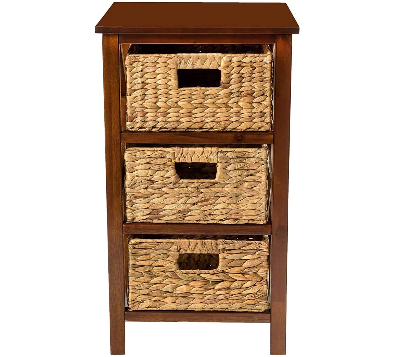 eHemco 3-Tier Walnut X-Side Storage Cabinet with 3 Wicker Baskets, 14D x 14W x 25H, Stylish Organizer for Home & Office
