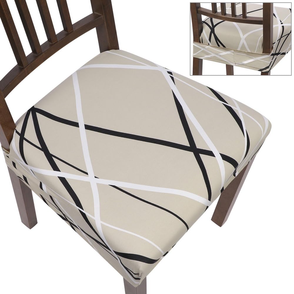 Searchi Stretch Dining Chair Seat Covers Set Of 6, Soft Removable Washable Seat Covers For Dining Chairs, Dining Room Seat Cover Slipcover Protector (Rear-Covered, Beige Stripe)