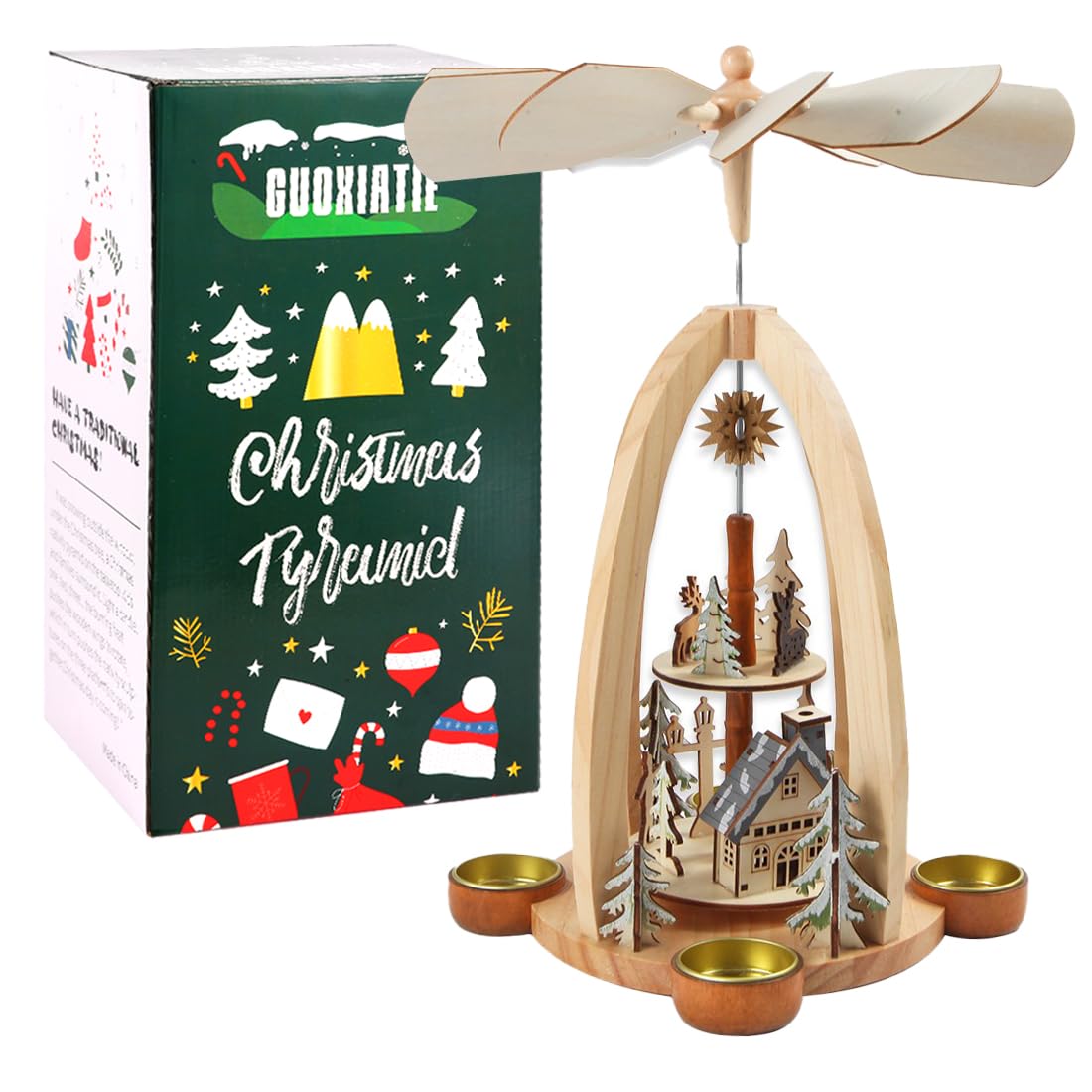 14Inch Wooden Christmas Pyramid with 4 Candle Holders-Nativity Scene Set for Christmas Tabletop Decor (Number Two)