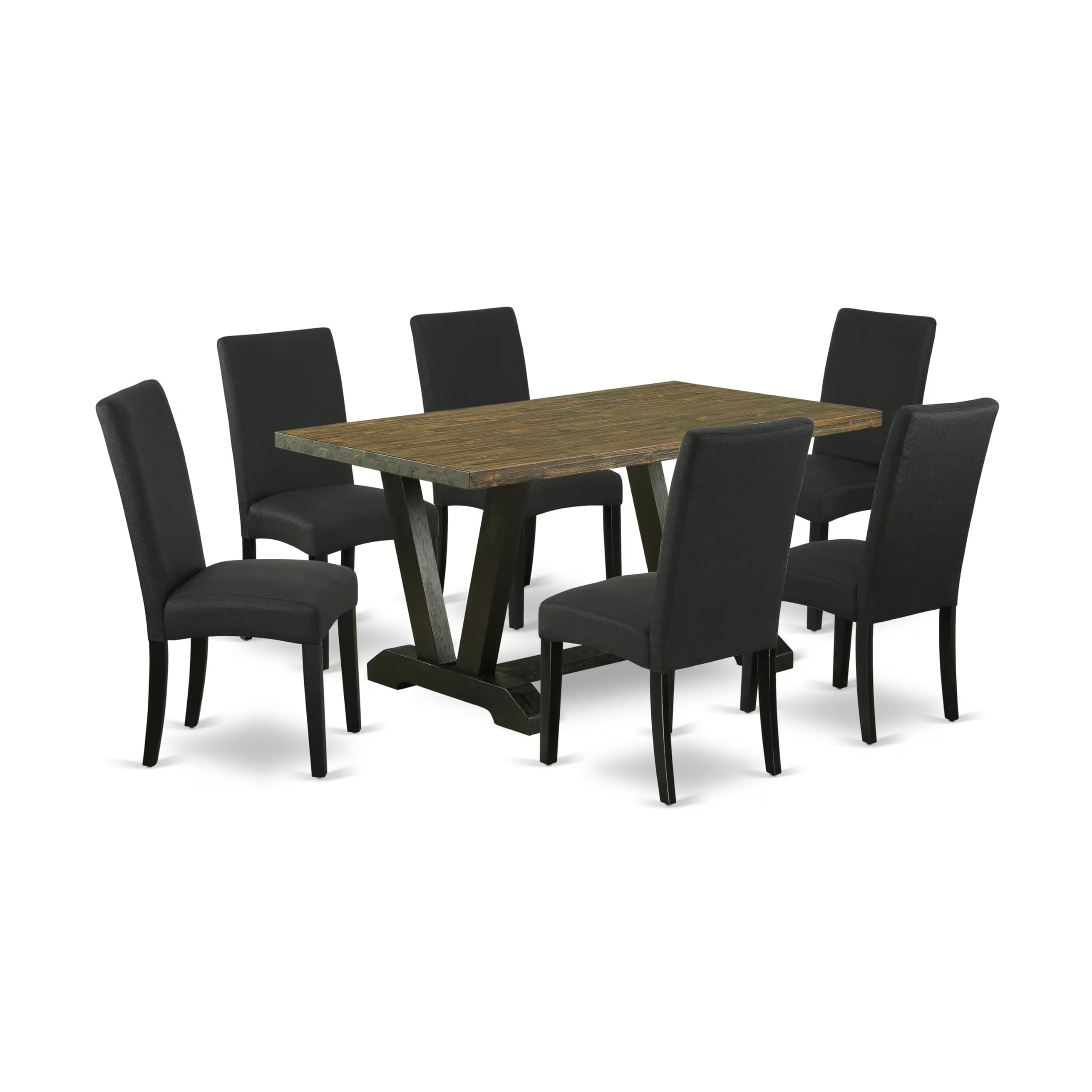 East West Furniture V676Dr124-7 7 Piece Dining Room Table Set Consist Of A Rectangle Dining Table With V-Legs And 6 Black Color Linen Fabric Upholstered Chairs, 36X60 Inch, Multi-Color