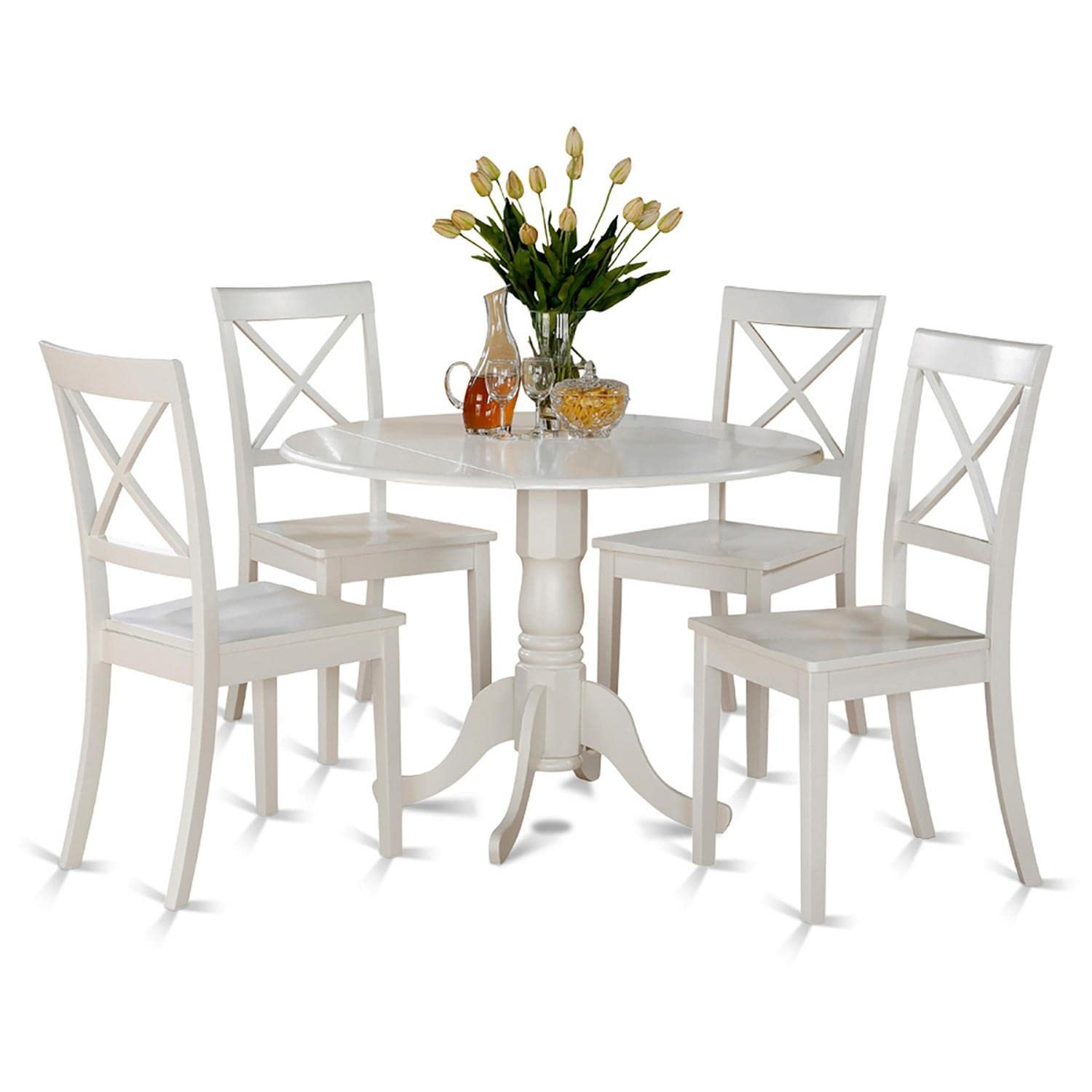 East West Furniture DLBO5-WHI-W 5 Piece Kitchen Table Set for 4 Includes a Round Dining Room Table with Dropleaf and 4 Solid Wood Seat Chairs, 42x42 Inch, Linen White
