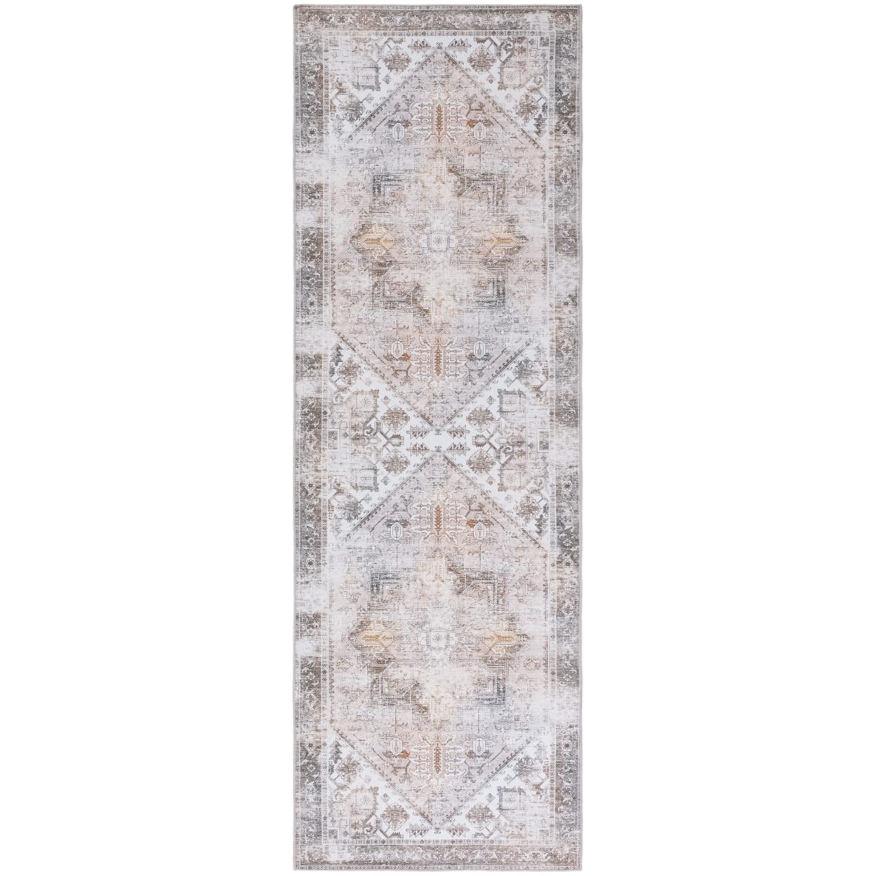 SAFAVIEH Tucson Collection Runner Rug - 26 x 16, Beige & Grey, Persian Design, Non-Shedding Machine Washable & Slip Resistant 