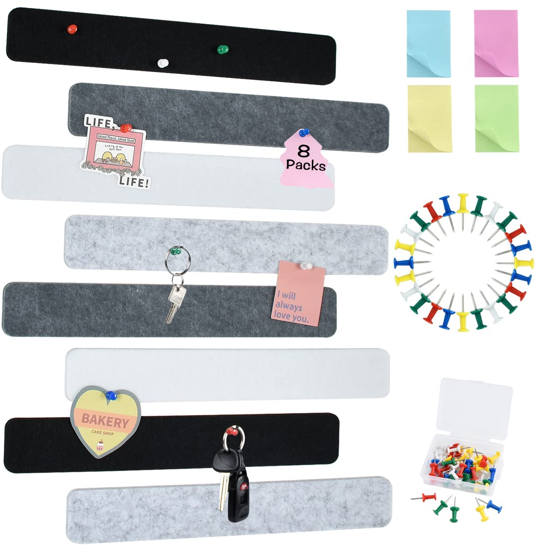 Vuzvuv 8Pcs Black White Grey Cork Board Bar Strips With 50 Pushpins & Sticky Notes, Self-Adhesive Bulletin Board Strips No Damag