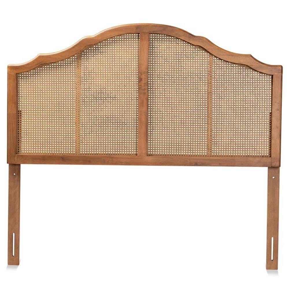 Baxton Studio Iris Vintage Classic and Traditional Ash Walnut Finished Wood and Synthetic Rattan Queen Size Arched Headboard