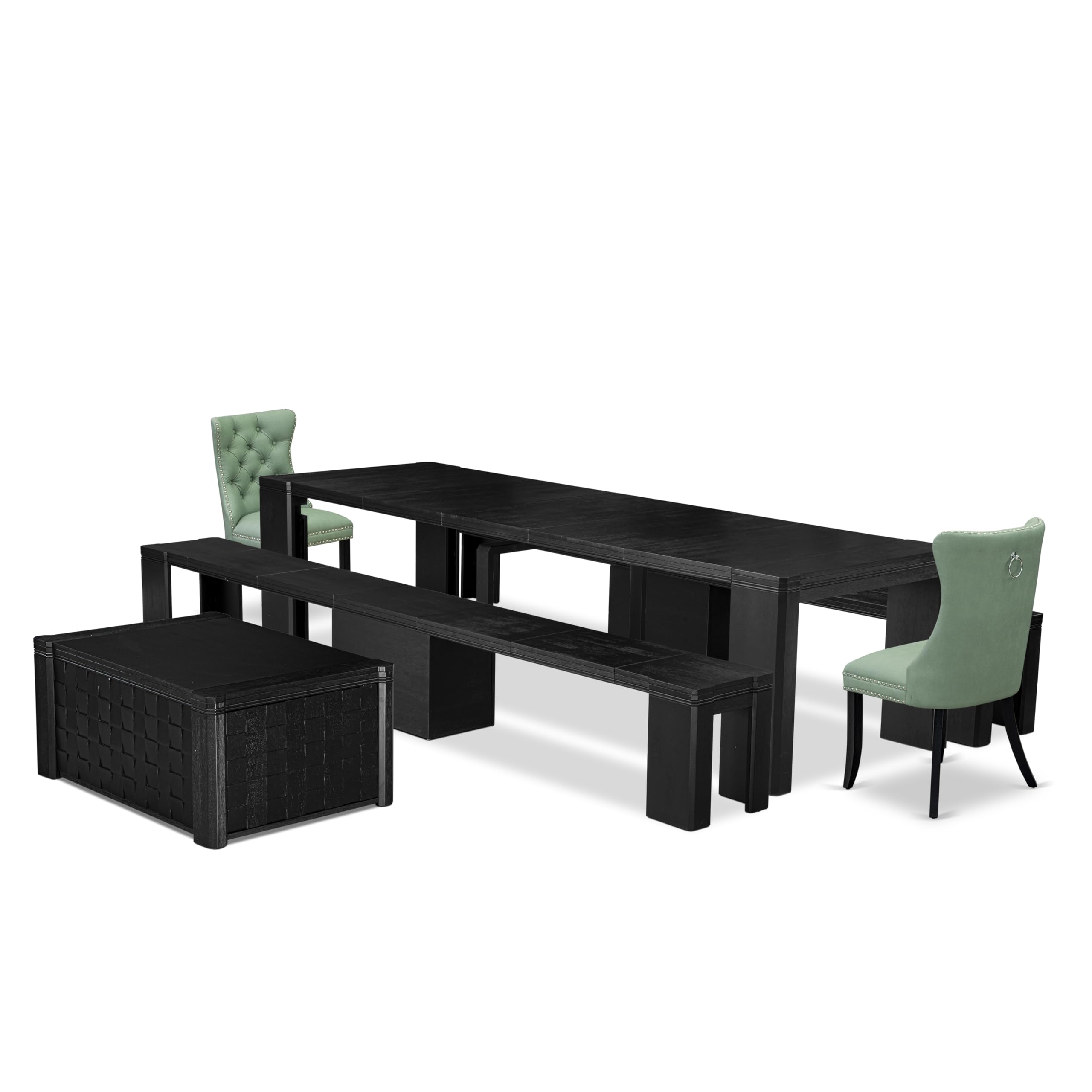 Luxe East West Furniture X02DA-2C6-22 6-pc Dining Table Set a Rectangular Xtenczar Dining Table with a coffee Table and 2 wooden Benches and 2 Willow Green Polyester Kitchen Chair, Wire Brushed Black