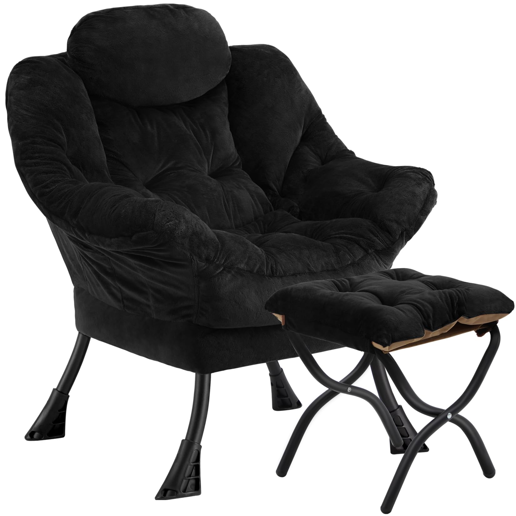 Congermom Lazy Chair With Folding Ottoman,Leisure Sofa Chair,Soft Fabric Armchair With Armrests And Side Pockets, Reading Chair