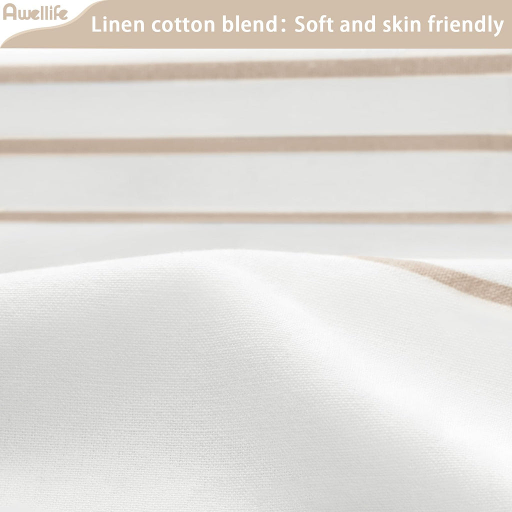 Awellife Boho Beige Shower Curtain For Bathroom Extra Long Stripe Knotted-Tassel Shower Curtain 72 X 84 Inches Natural Linen