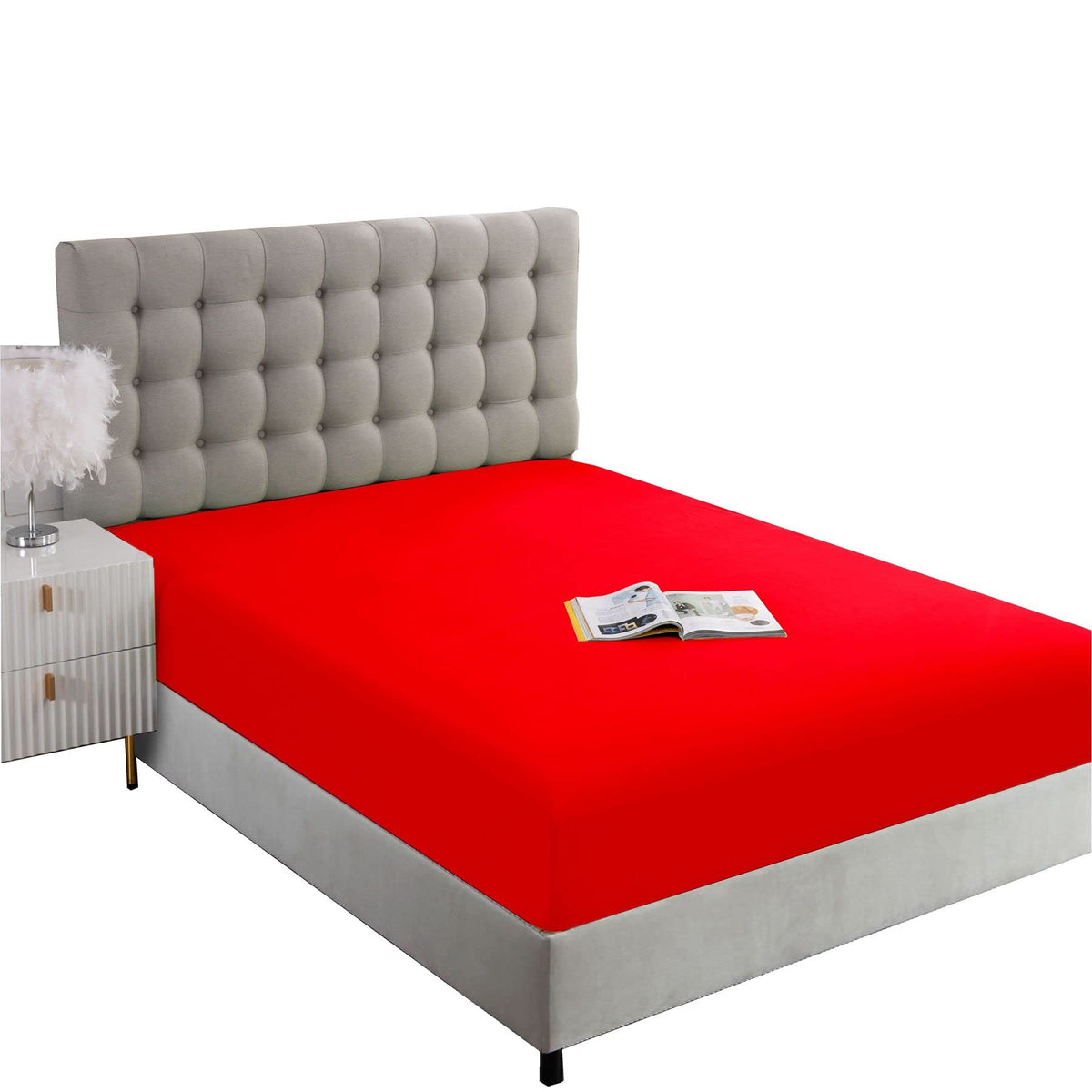 Ghooss Queen Fitted Sheet-Single Fitted Sheet Only-Deep Pocket-Premium 1500 Microfiber - Ultra-Soft Wrinkle Free-1 Pack(Red,Quee
