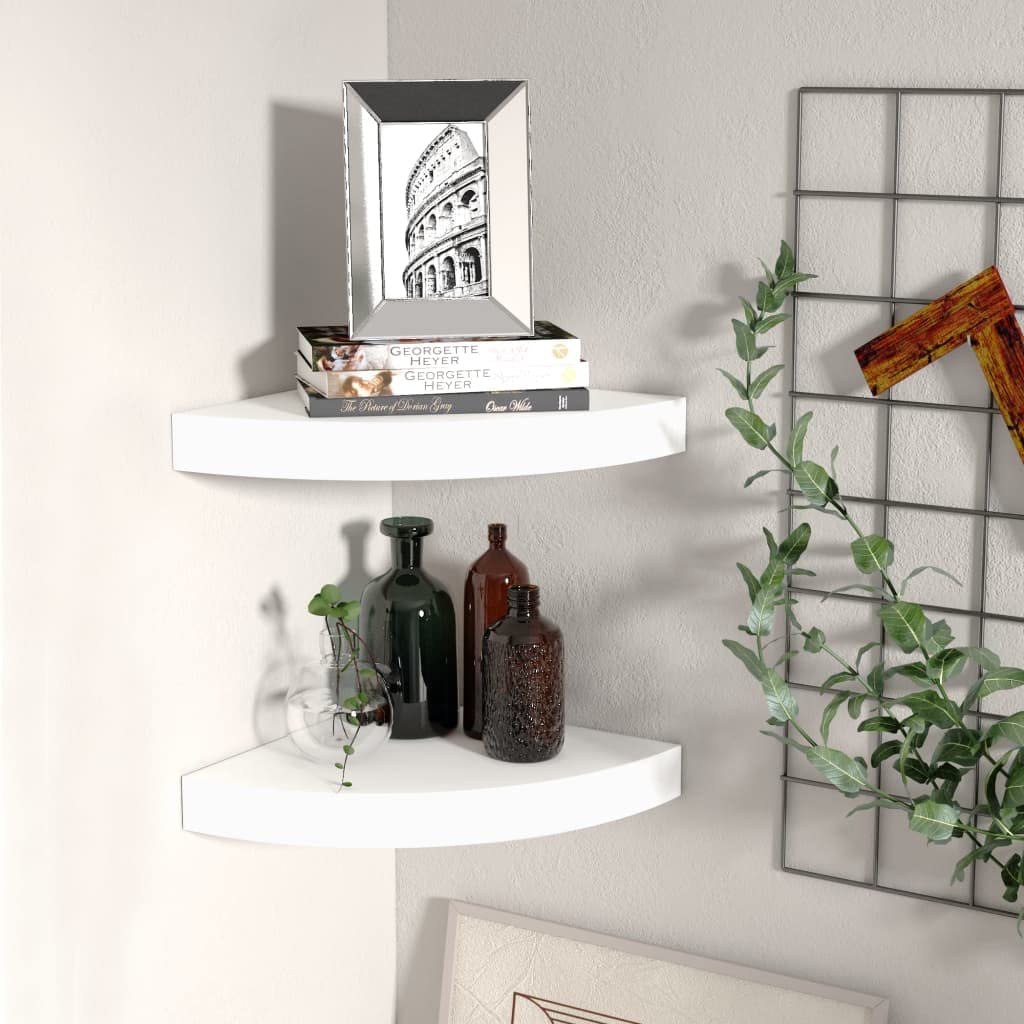 vidaXL Floating Corner Shelves, 2 pcs, Display-Worthy White 9.8"x9.8"x1.5", Durable Honeycomb MDF & Metal, Invisible Mounting