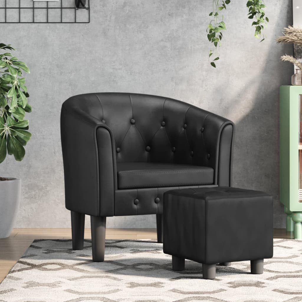vidaXL Modern Tub Chair with Footstool in Elegant Black Faux Leather - Comfort Enhanced with Padded Seat and Backrest for Living Room, Bedroom, or Office