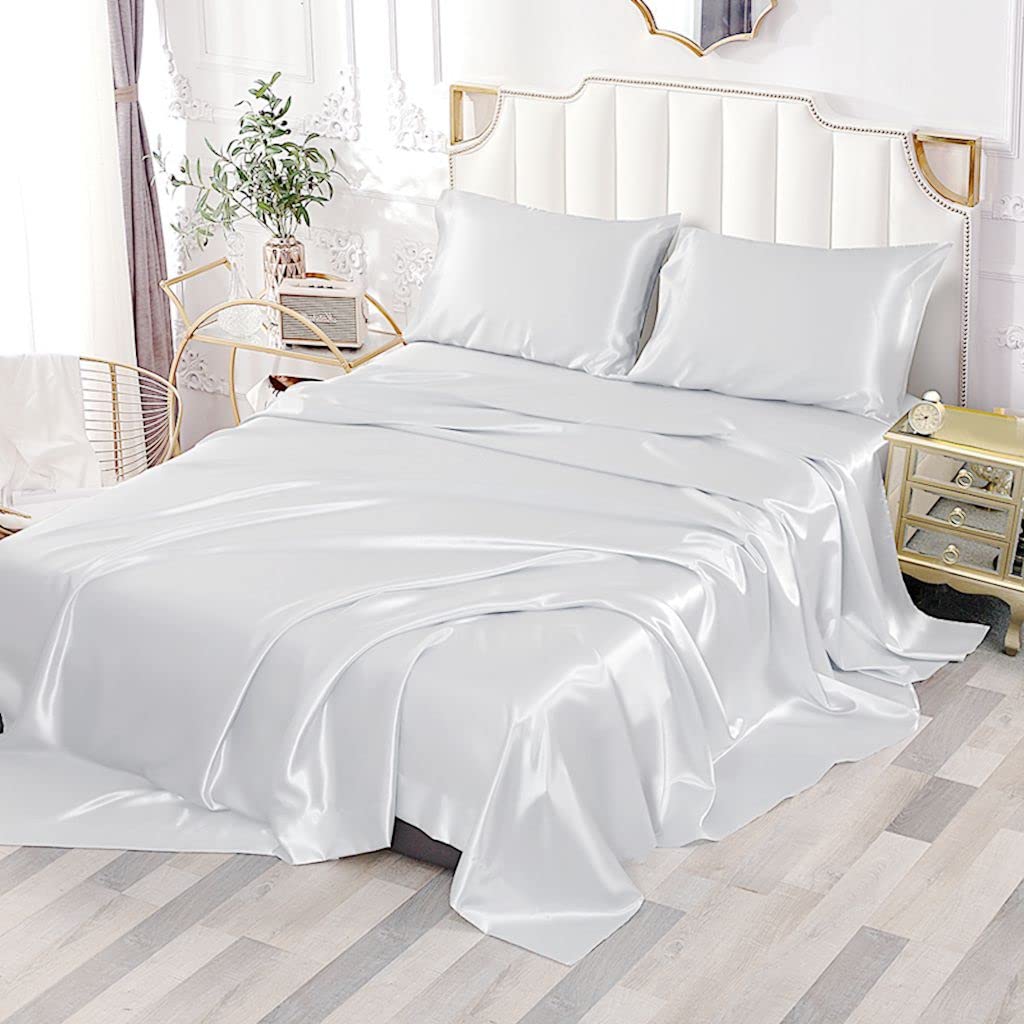 Sfoothome White Satin Sheets 4-Pieces Queen Silky Sheets Microfiber Bed Sheet Set With 1 Deep Pocket Fitted Sheet, 1 Flat Sheet