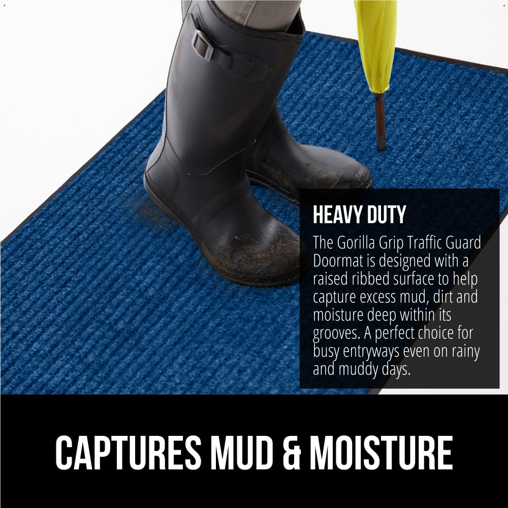 Gorilla Grip Waterproof Heavy Duty Traffic Guard Doormat, Stain And Fade Resistant, Durable Rubber, Low Profile Door Mat, Shoe Scraper, Welcome Mats For Entry, 29X17, Blue