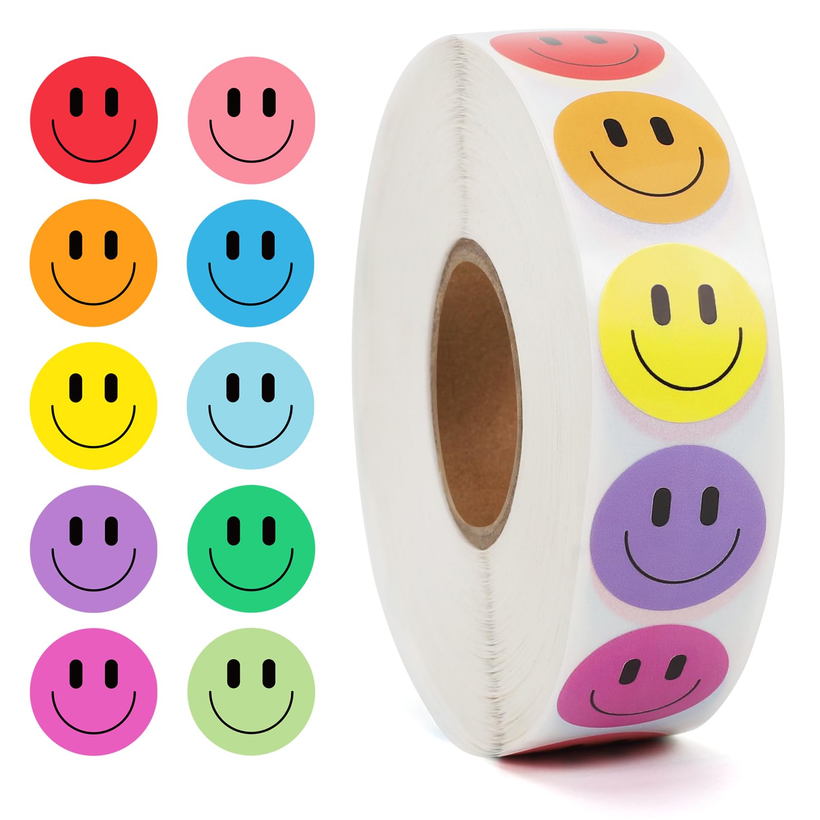 Wercokt 2000PCS Happy Face Stickers, 1 Inch, 10 Colors, Stickers for Kids Reward, Water Bottle Smiling Stickers, for Student Pla