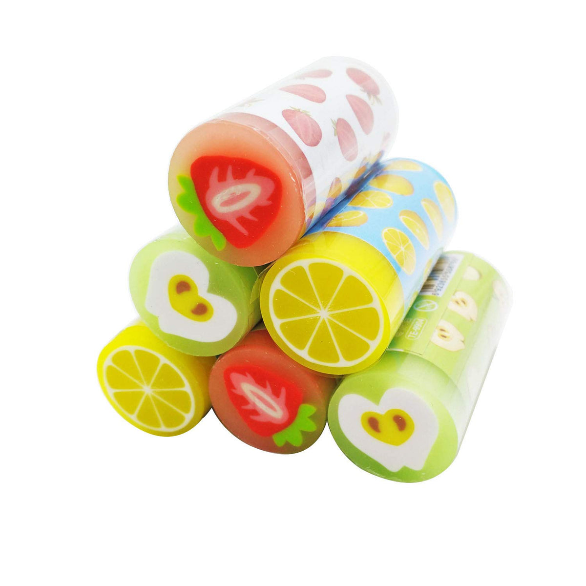 6 Pcs Kawaii Colored Cylindrical Shape 2B Pencil Erasers, Fruit Scented, Age-Resistant, Soft Flexible Rubber Jelly Erasers Cute