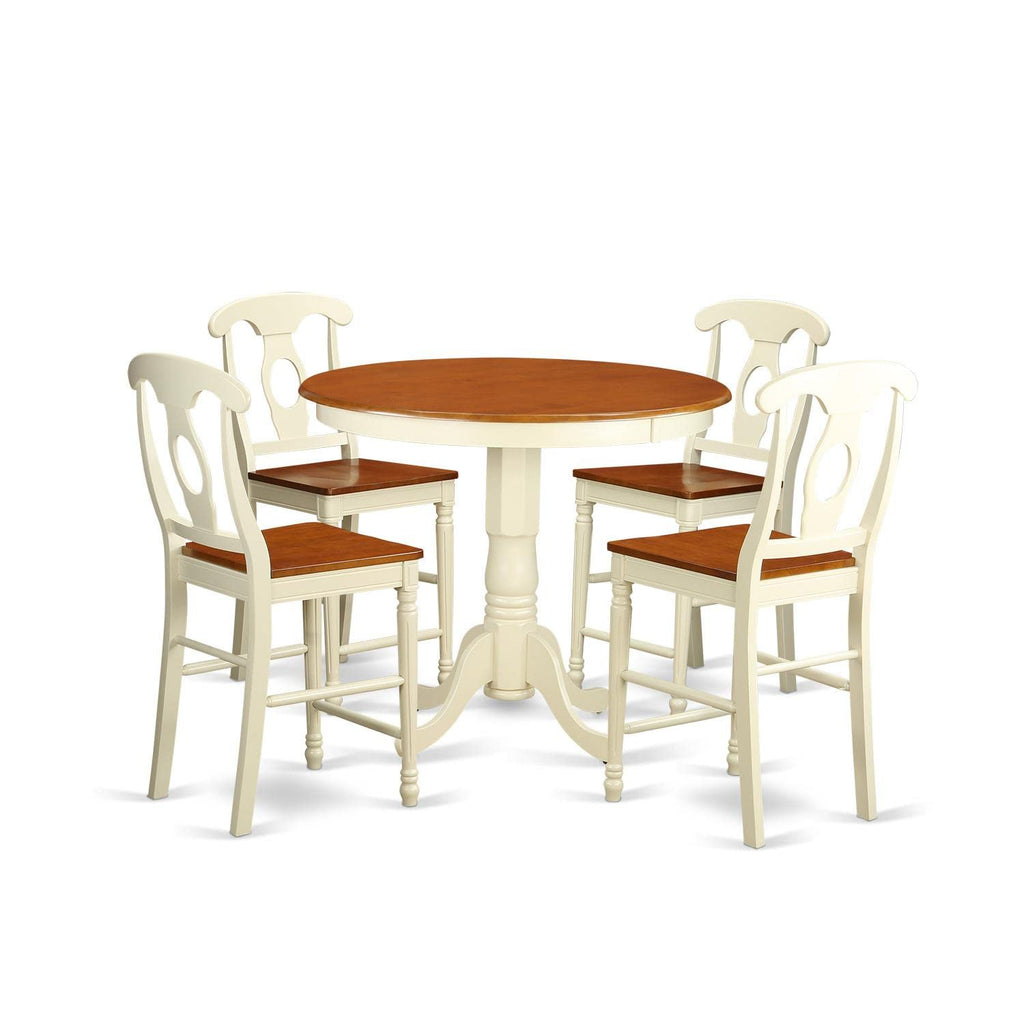 East West Furniture JAKE5-WHI-W 5 Piece Kitchen Counter Height Dining Table Set Includes a Round Wooden Table with Pedestal and 4 Dining Chairs, 36x36 Inch, Buttermilk & Cherry