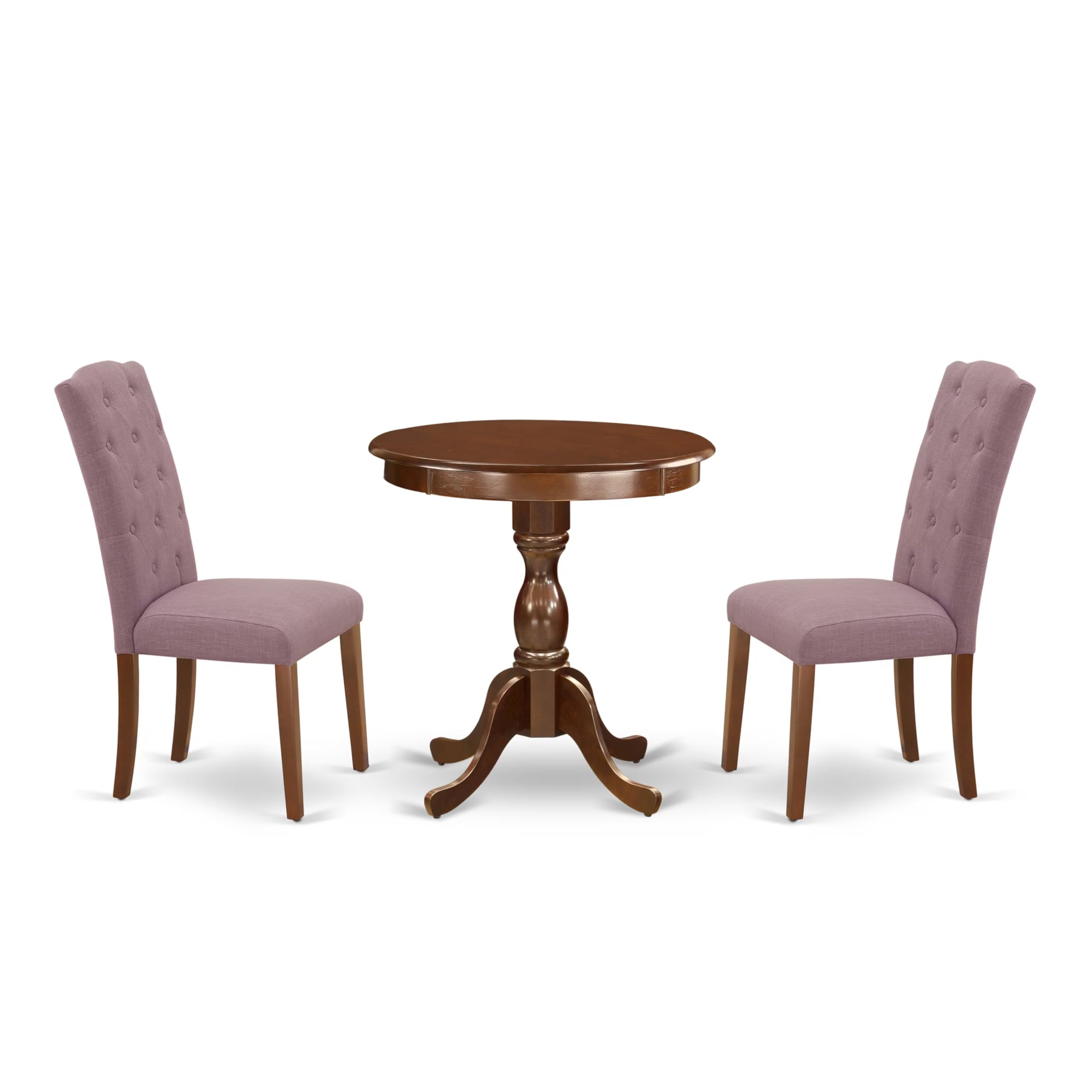 East West Furniture Esce3-Mah-10 3 Piece Kitchen Table Set Contains A Round Dining Room Table With Pedestal And 2 Dahlia Linen Fabric Parsons Dining Chairs, 30X30 Inch, Mahogany