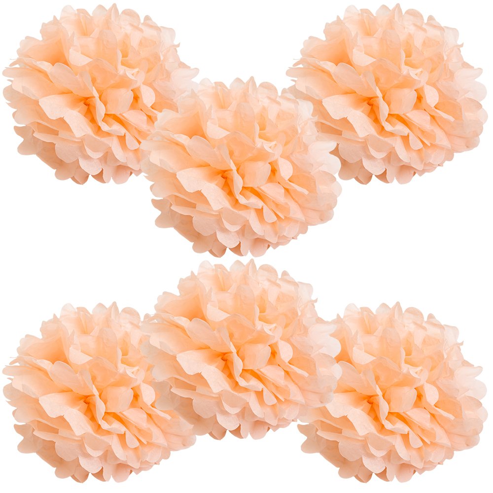 WYZworks Set of 6 - Peach 14 - (6 Pack) Tissue Pom Poms Flower Party Decorations for Weddings, Birthday, Halloween, Bridal, Baby