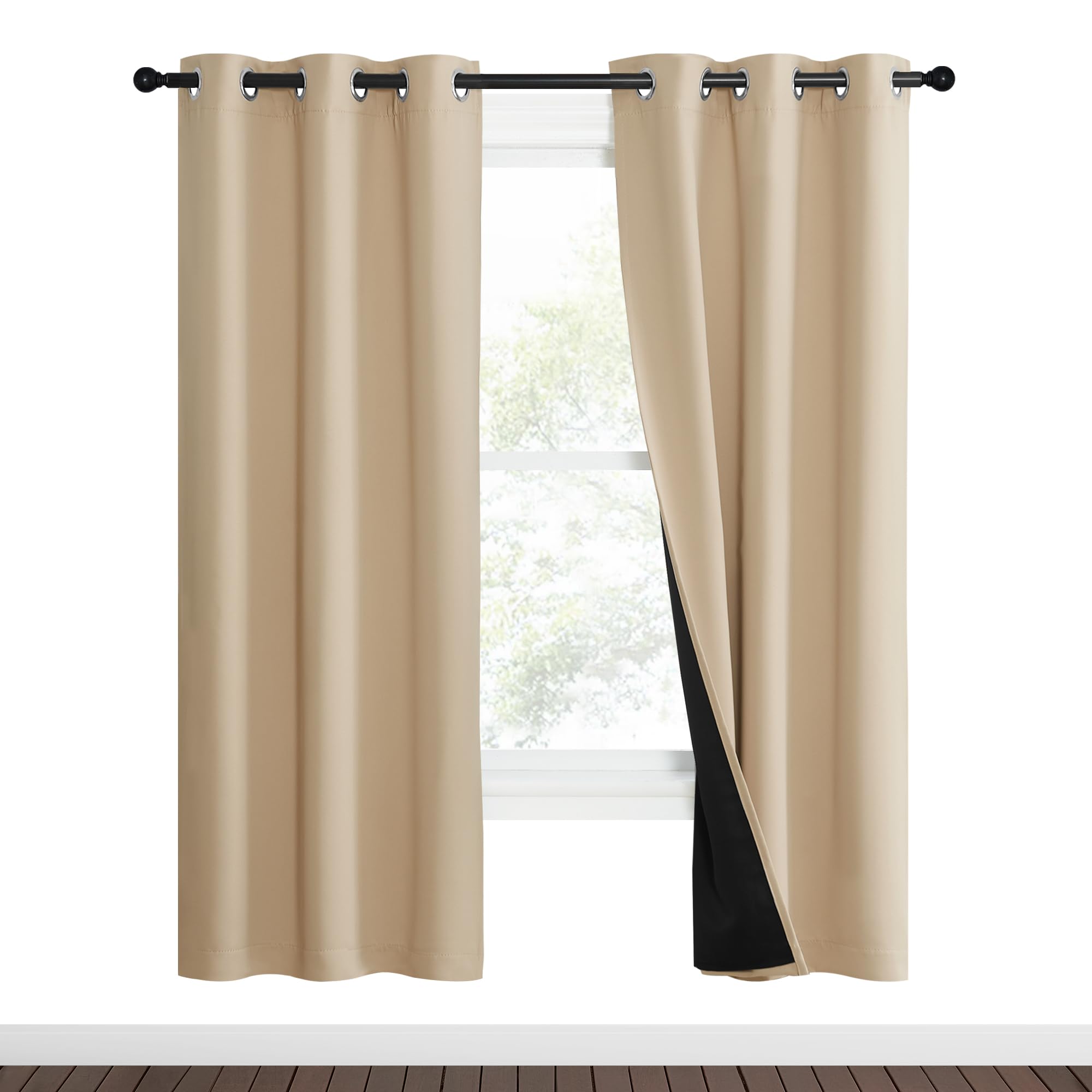 NICETOWN Living Room Completely Shaded Draperies, Set of 2, W37 x L70, Biscotti Beige, Privacy Protection & Noise Reducing Black