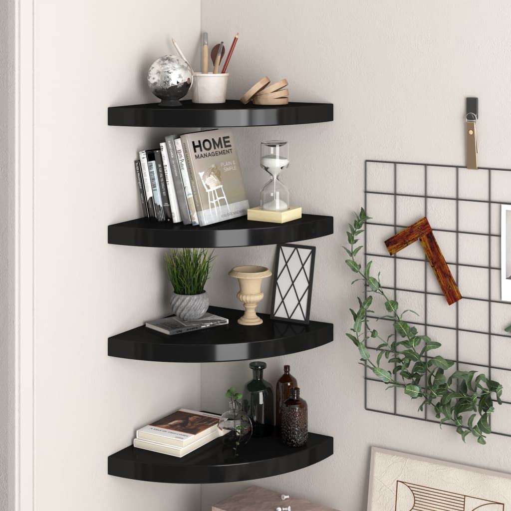 vidaXL Floating Corner Shelves 4 pcs Black 13.8"x13.8"x1.5" MDF