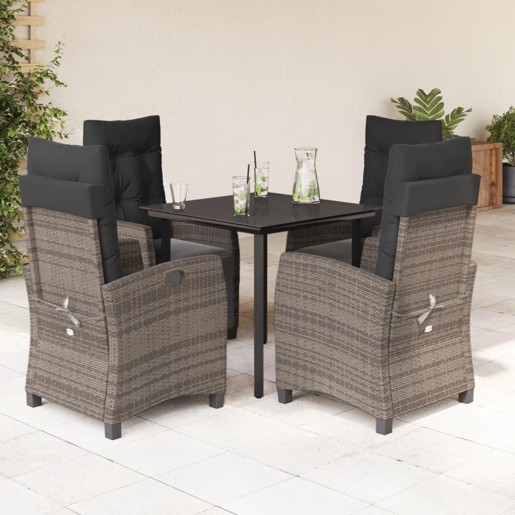 vidaXL 5 Piece Patio Dining Set with Cushions - Gray PE Rattan Outdoor Garden Furniture - Adjustable Chairs and Tempered Glass Table