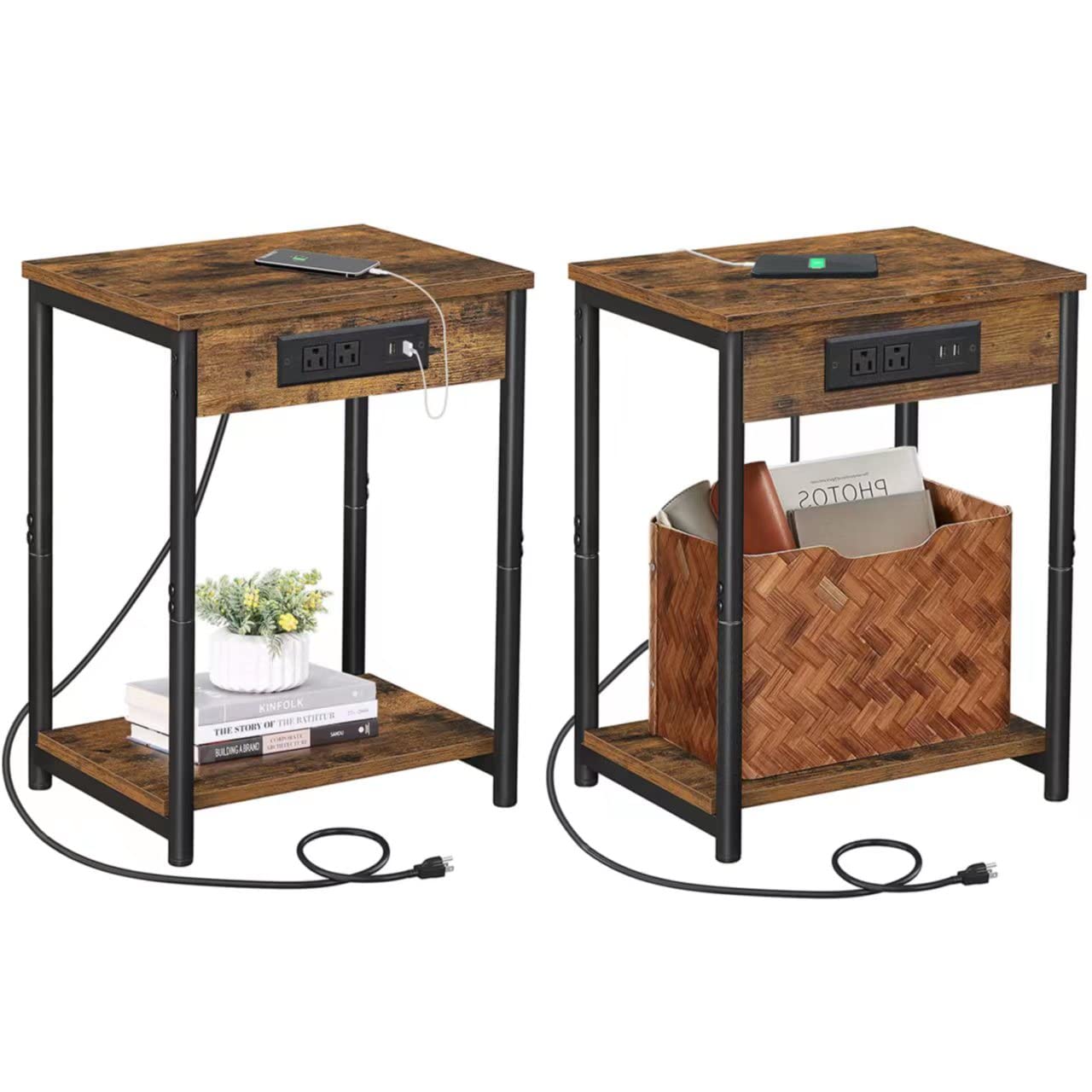 TUTOTAK Night Stand with Charging Station, Set of 2, End Table, Side Table with USB, 21.8   H Nightstand with Storage Shelf, Sof
