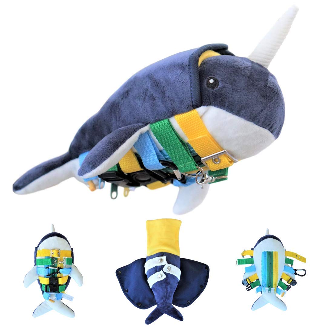 Sensory4U Buckle Pillow Sensory Narwhal Stuffed Animal Fine Motor Development Toy Activity Plushie - Counting Sorting Zipper Ski