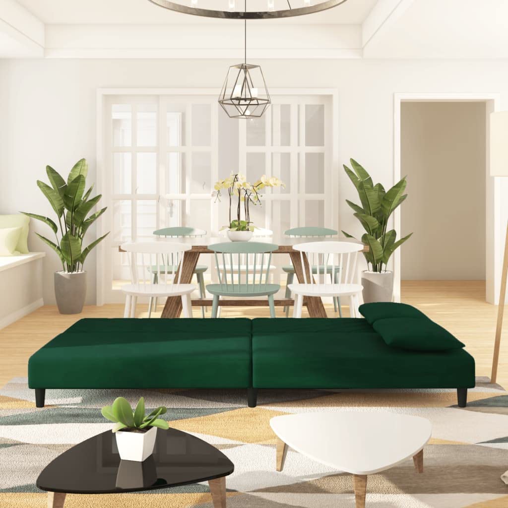 vidaXL 2-Seater Velvet Sofa Bed - Multifunctional Loveseat with Pillows, Convertible Day Bed, Wooden Frame, Comfortable Sleeper - Dark Green