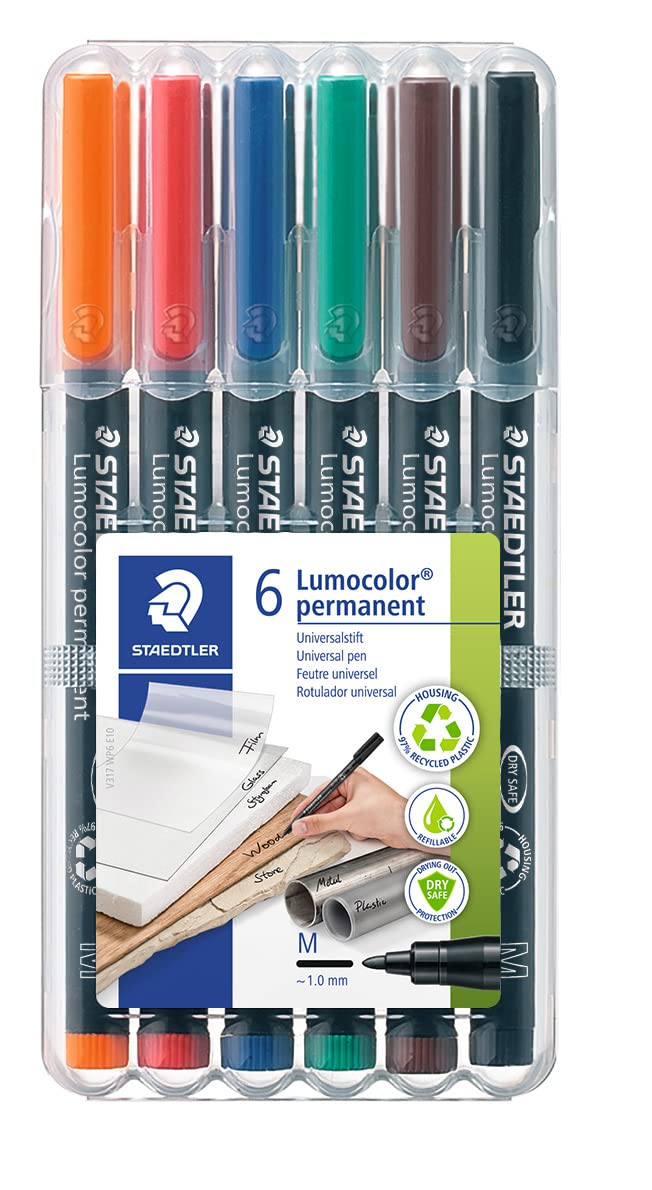 Staedtler Lumocolor Universal Pen, Medium, Felt Tip, Permanent Marker, Box Of 6 Assorted Color Pens, 1.0Mm 317 Wp6