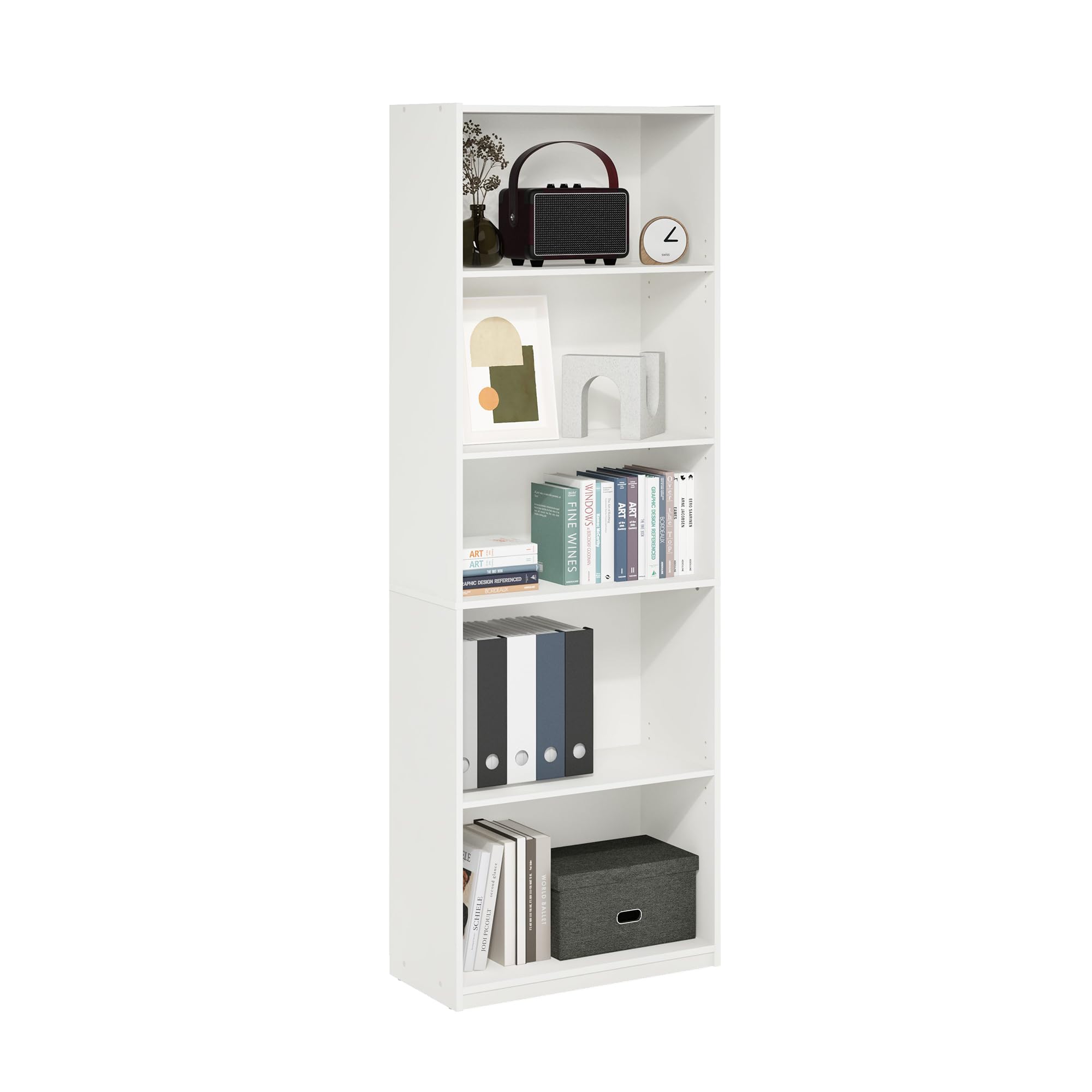 Furinno Gehry 5-Tier Bookcase, Bookshelf with Adjustable Shelves, White