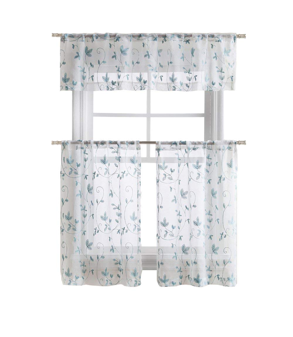 GoodGram Cassandra Floral Embroidered Semi Sheer Kitchen Curtain Tier & Valance Set - Assorted Colors (Aqua/Blue)