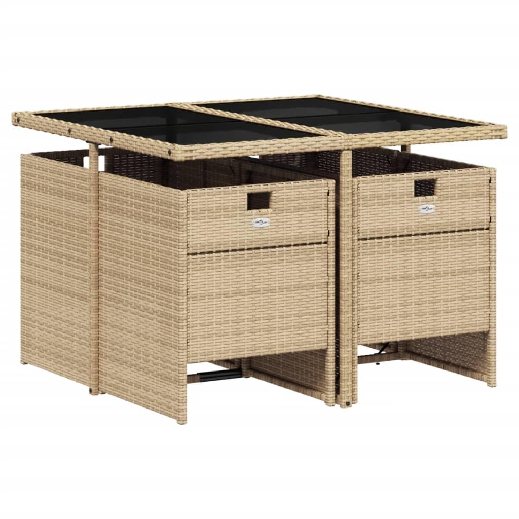 vidaXL Patio Dining Set with Cushions - 5 Piece Beige Poly Rattan Garden Furniture, Foldable Chairs, Tempered Glass Table