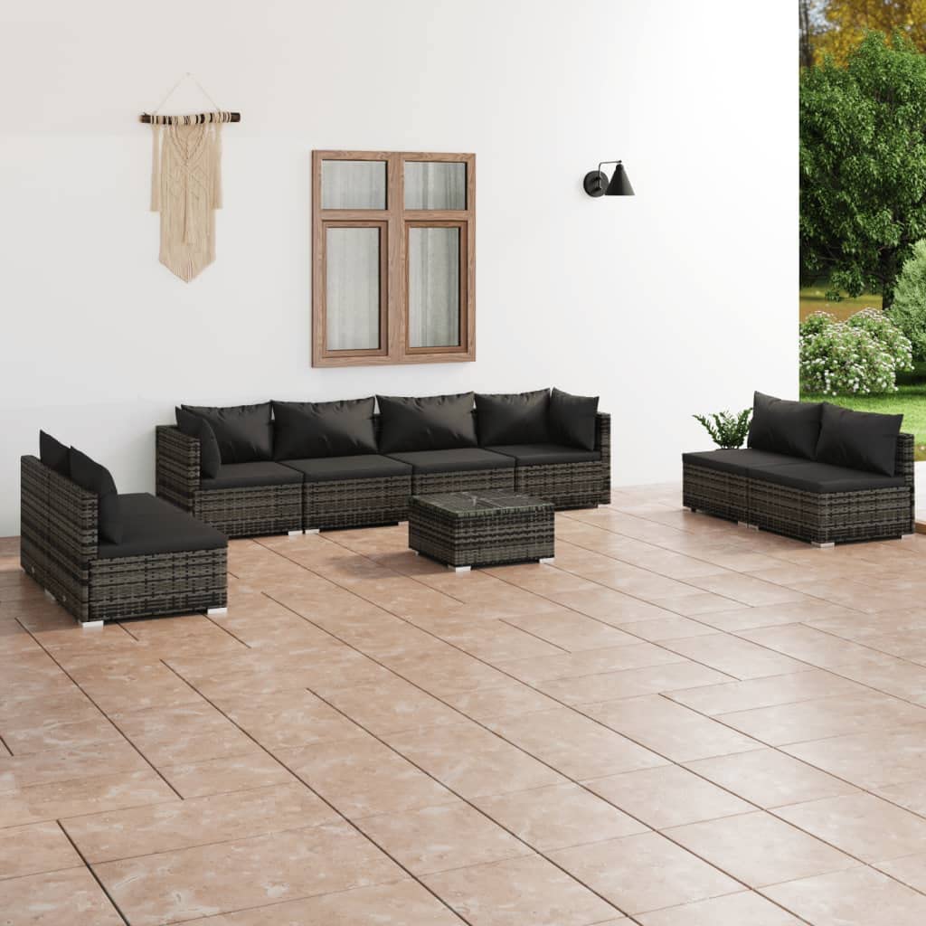 vidaXL Patio Lounge Set 9 Piece with Cushions Garden Outdoor Lawn Yard Terrace Balcony Seat Seating Sofa Lounge Set Furniture Poly Rattan Gray