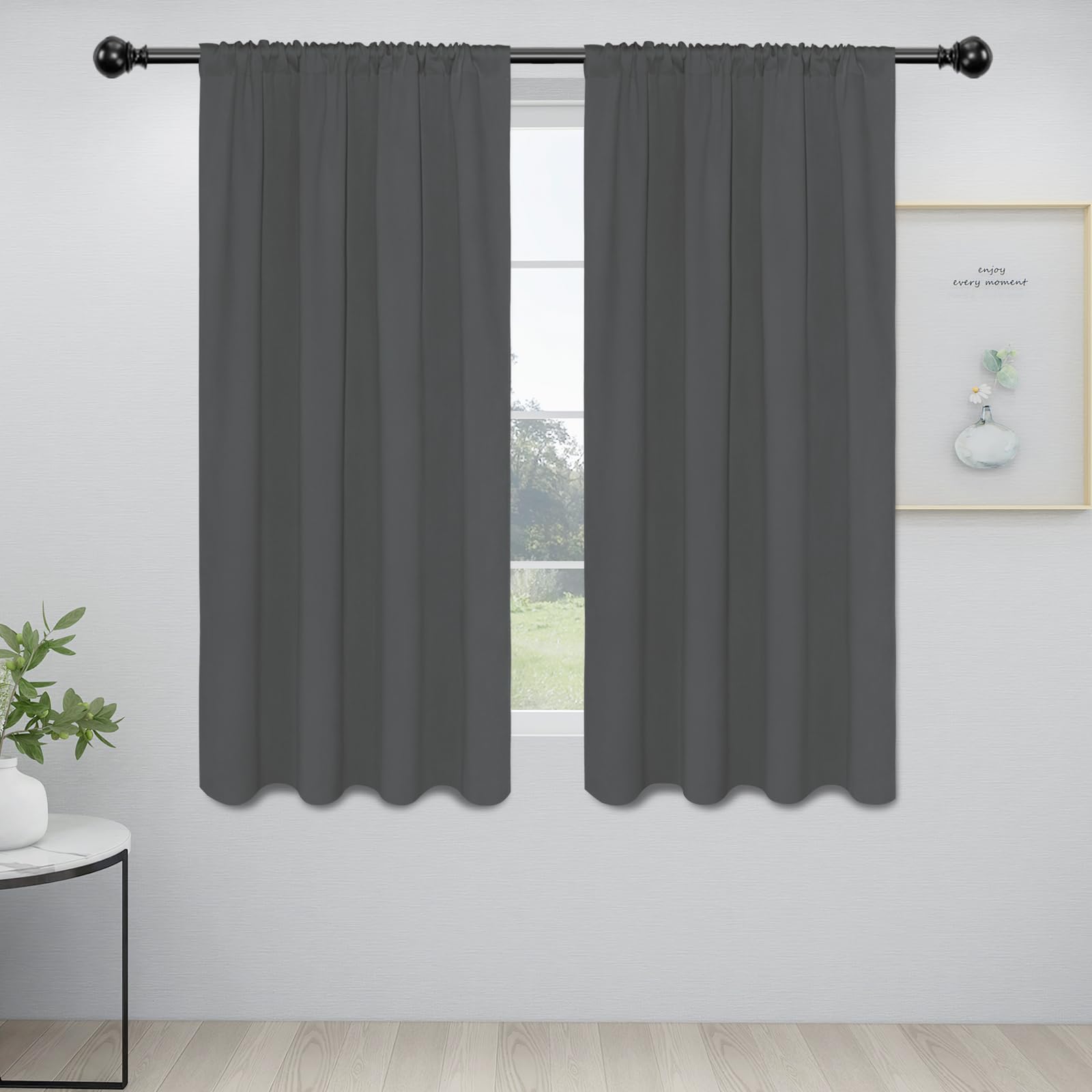 Easy-Going Rod Pocket Blackout Curtains For Bedroom, Room Darkening Window Curtains For Living Room, Thermal Insulated Noise Reduction Solid Window Drapes, 2 Panels(34X63 In, Grey)