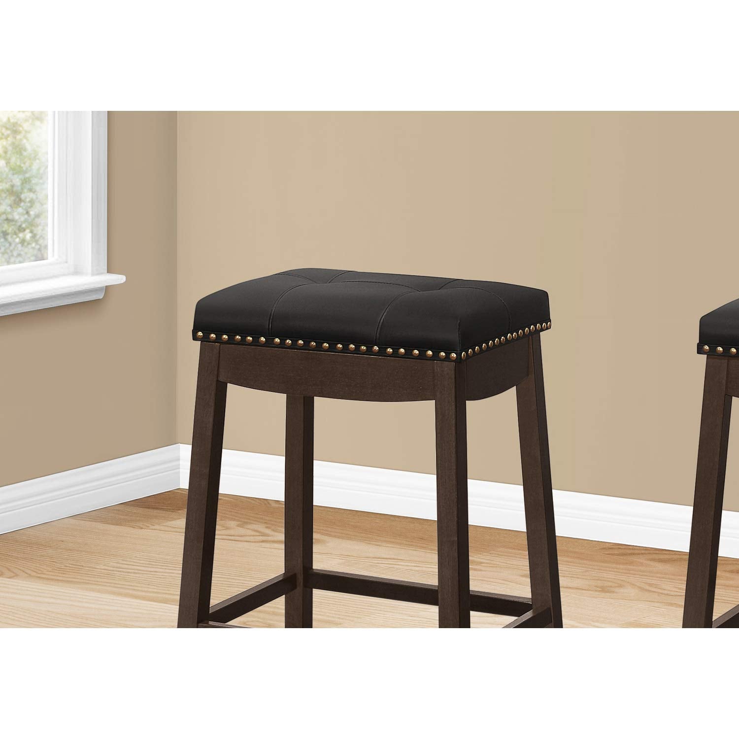 Monarch Specialties I 1261 Bar Stool, Set of 2, Counter Height, Saddle Seat, Kitchen, Wood, Pu Leather Look, Black, Brown, Transitional