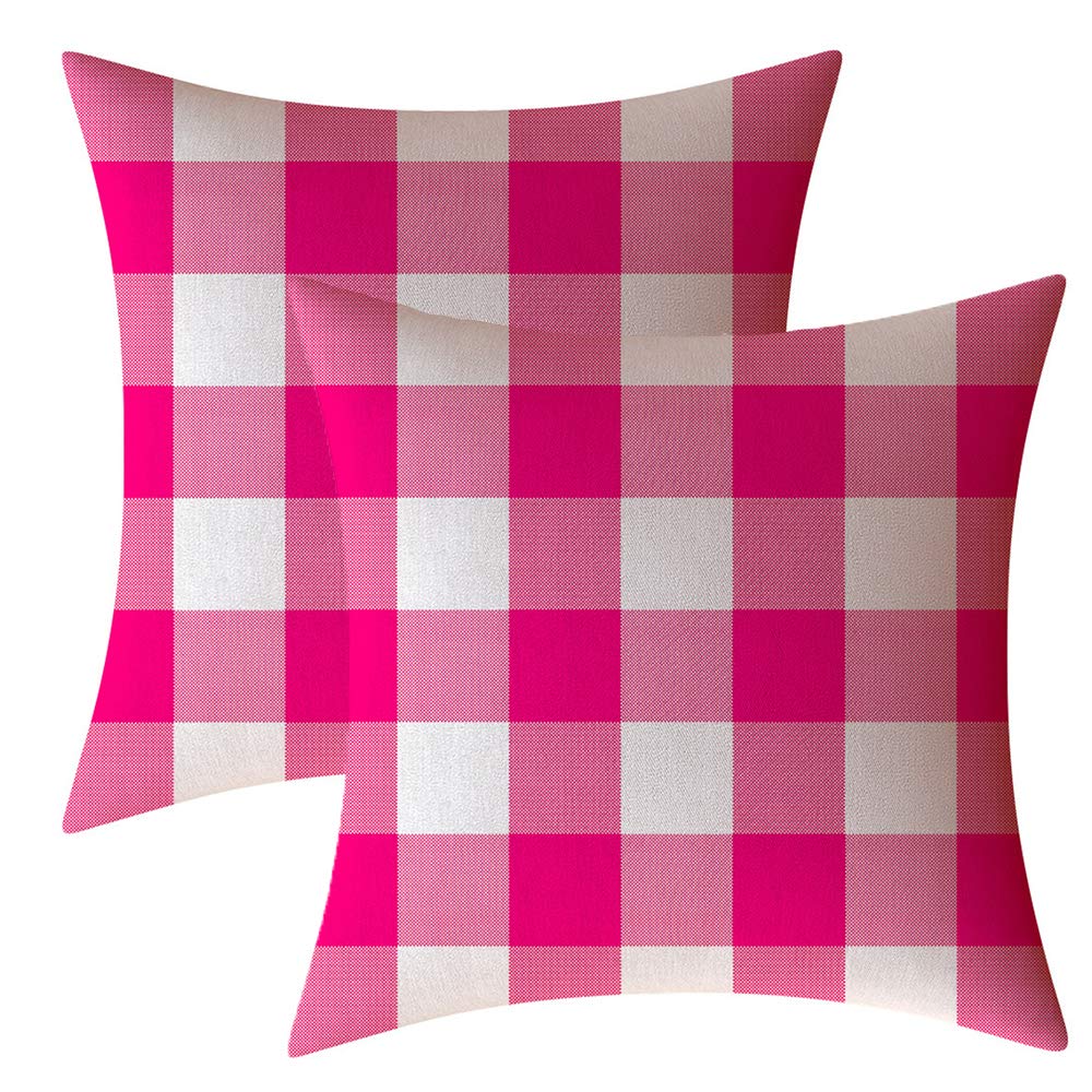 Ahahm Set Of 2 Pink And White Farmhouse Buffalo Check Plaid Throw Pillow Covers Decorative Indoor Outdoor Cushion Cover Polyeste