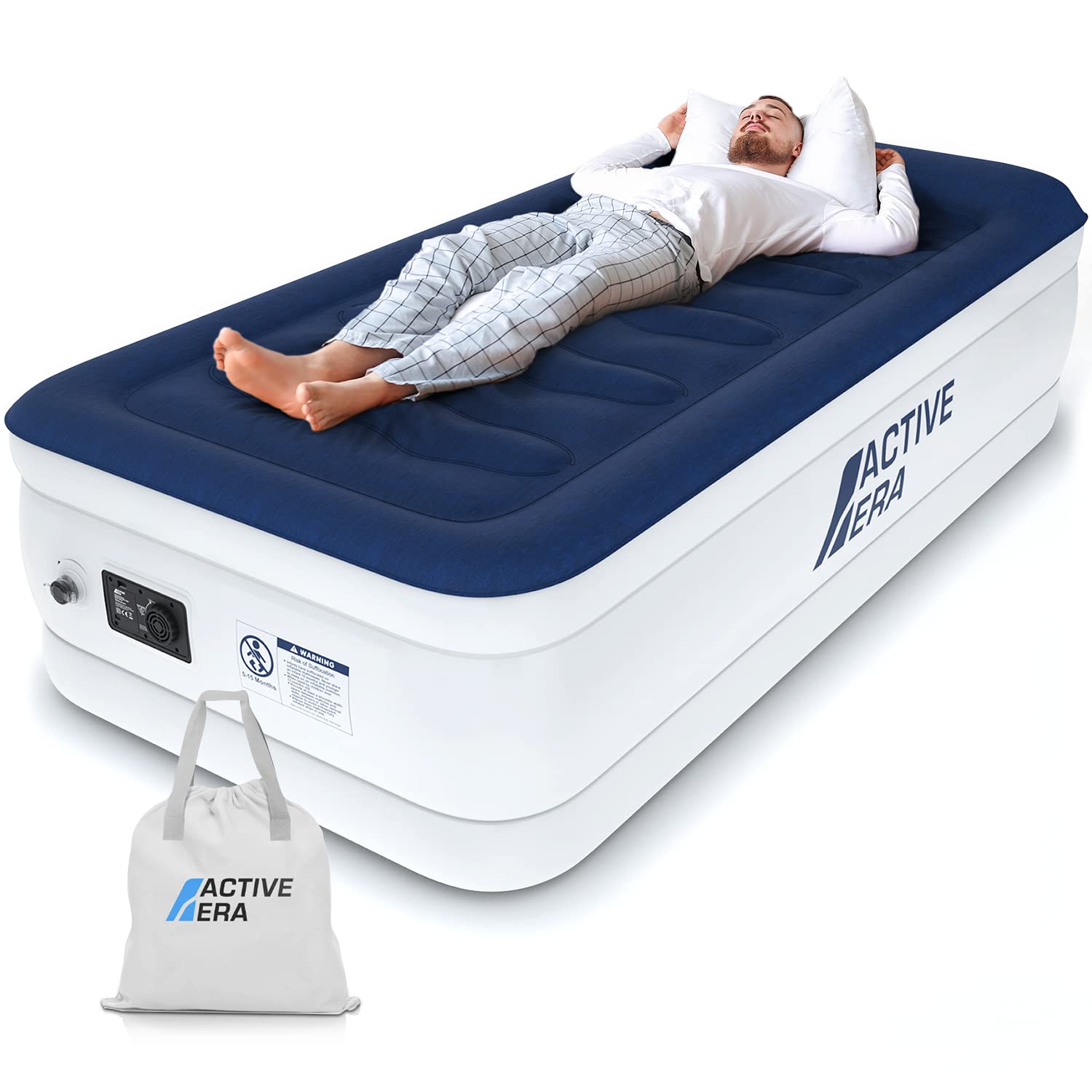 Active Era Luxury Twin Size Air Mattress (Single) - Elevated Inflatable Twin Air Bed, Electric Built-In Pump, Raised Pillow & St